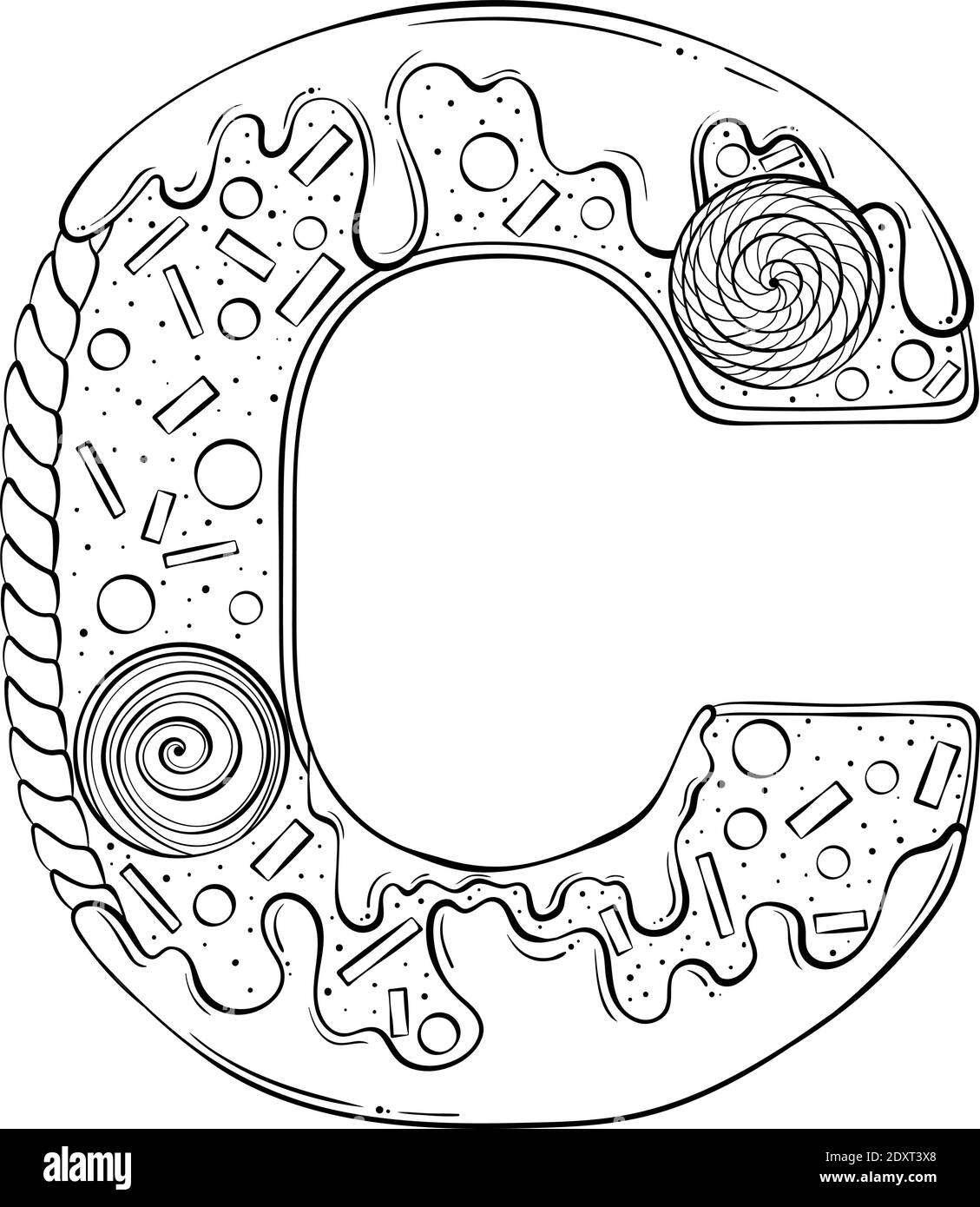 Letra C. Pan de jengibre Galletas en forma de letras. Fuente vectorial de  dibujos animados hecha a mano estilo de arte de línea dibujado aislado  sobre fondo blanco. Plantilla de logotipo con