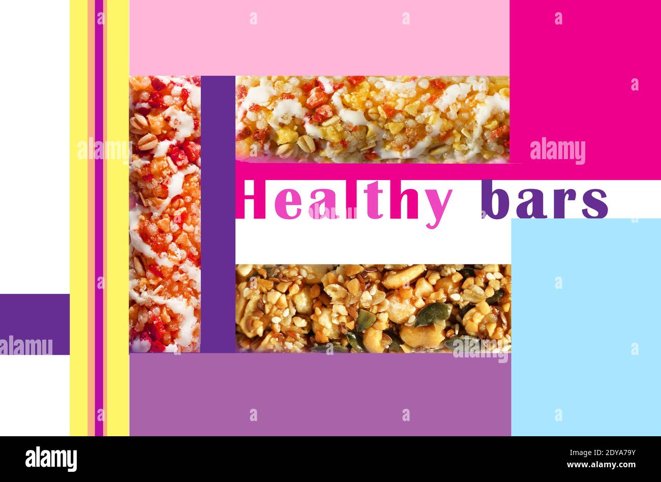 Ilustración de un cartel retro anunciando barras de cereales con frutos secos y bayas Foto de stock