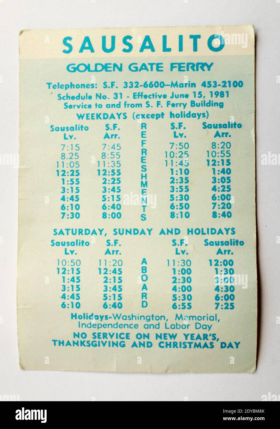 Calendario Vintage para el ferry Golden Gate de San Francisco a
