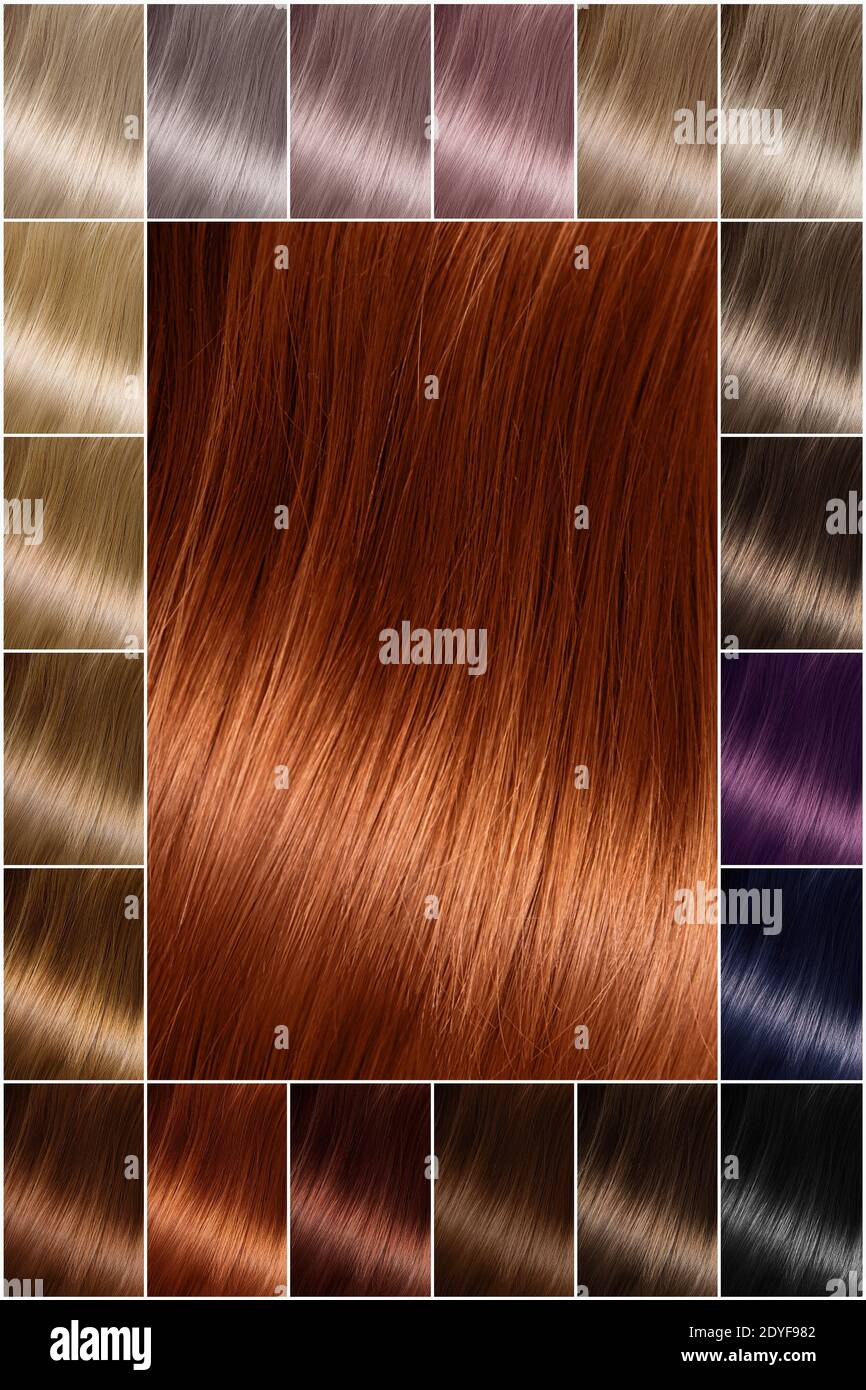 Tinte para el cabello. Paleta de colores de pelo con una amplia gama de  muestras que muestran muestras de color dispuestas en filas ordenadas en  una postal. Impresión. Un juego de tintes