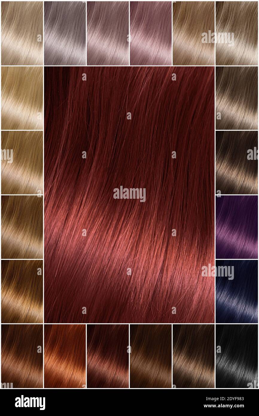 Cortinas de tinte para el cabello. Paleta de colores de pelo con una amplia  gama de muestras que muestran muestras de color dispuestas en filas  ordenadas en una postal. Impresión. Un juego