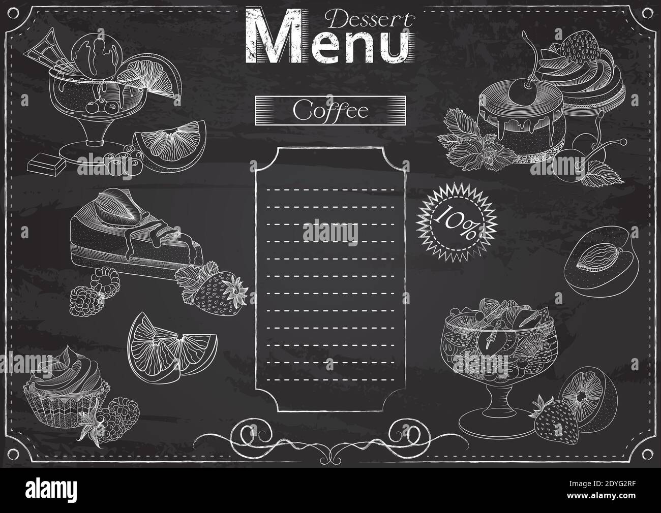Plantilla vectorial con elementos de postre para menú estilizados como  dibujo de tiza en pizarra.Diseño para un restaurante, cafetería o bar  Imagen Vector de stock - Alamy