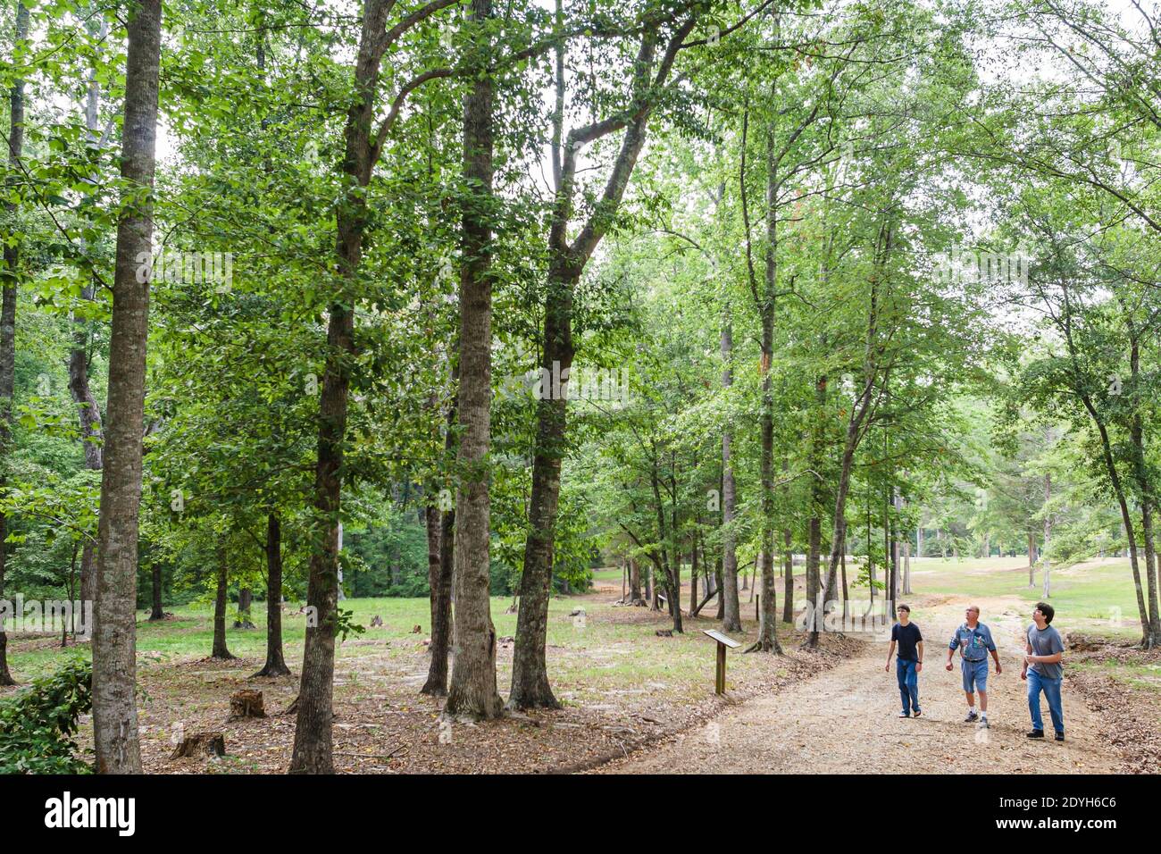 Alabama Marbury Confederate Memorial Park, adolescente adolescente chicos hermanos padre familia caminar senderismo Naturaleza Trail, Foto de stock