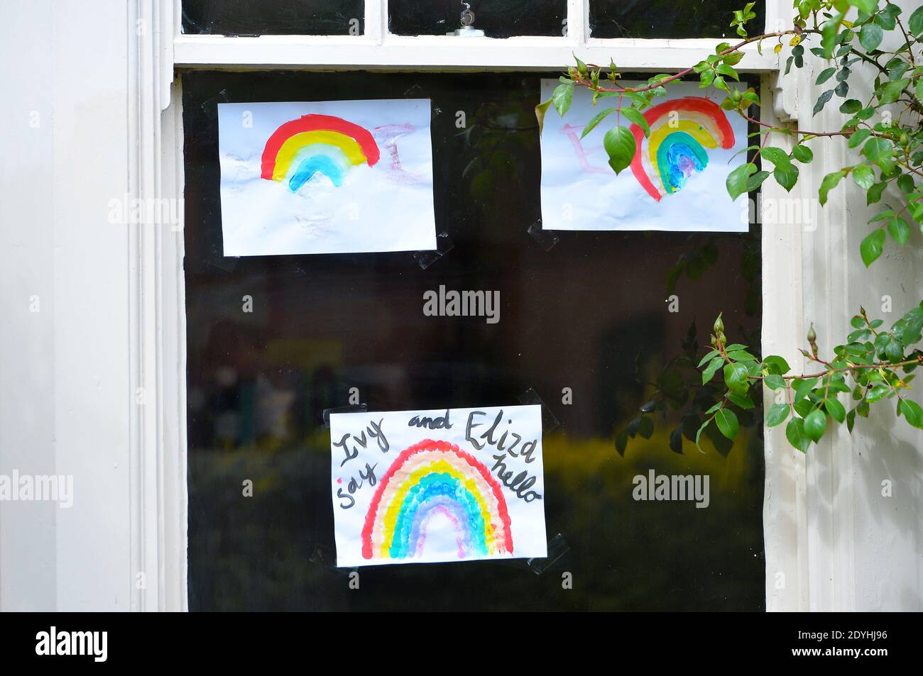 Arco iris en las ventanas de las casas de Ayledstone, Knighton y Clarendon Park en apoyo de los trabajadores del NHS durante la pandemia del Coronavirus Foto de stock