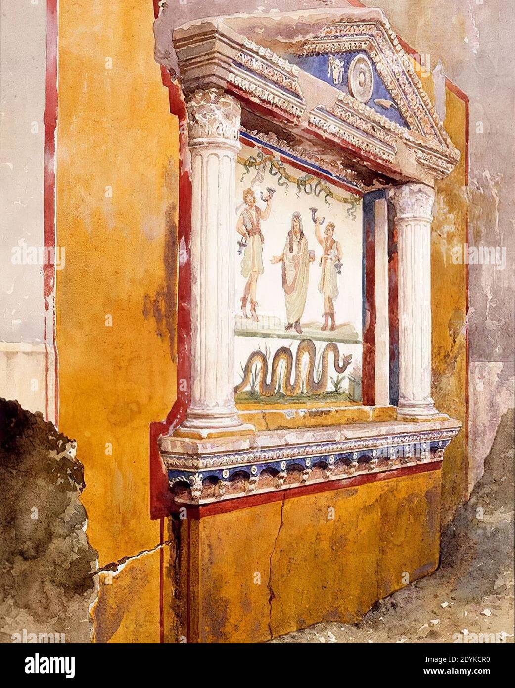 Lararium de un altar familiar, visto in situ después de la excavación, Casa de Aulus Vettius, Pompeya, c36-39 CE, 1895 acuarela de Luigi Bazzani. Foto de stock