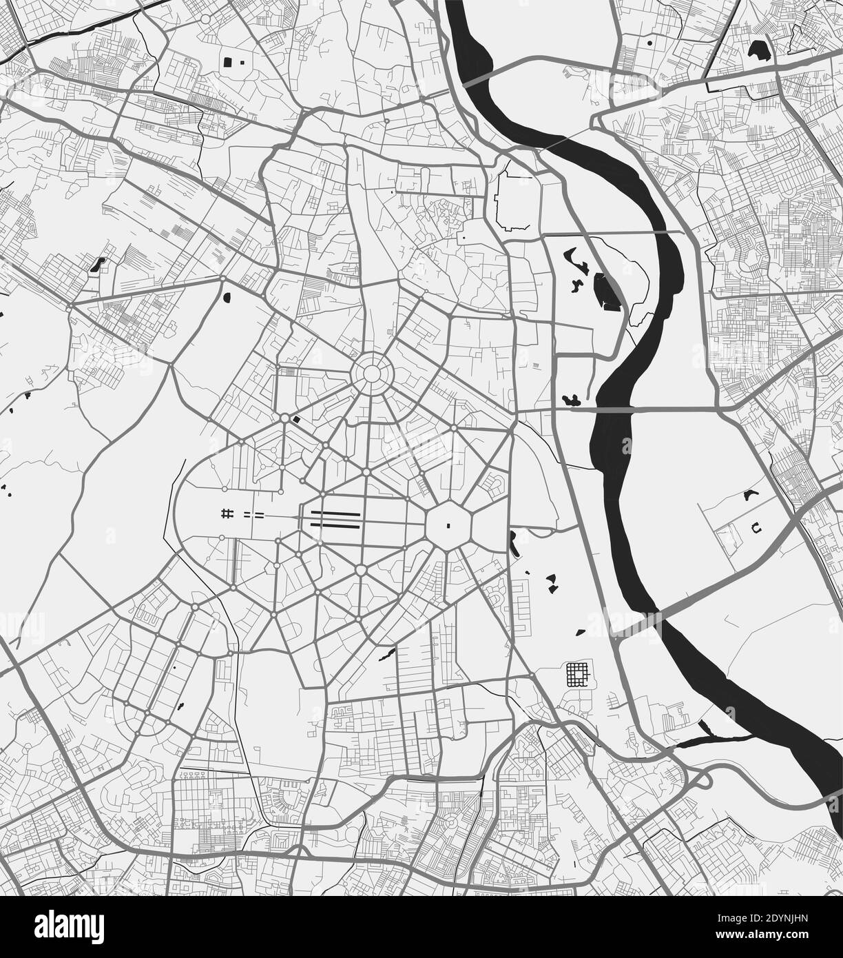 Mapa urbano de Delhi. Vector ilustración, mapa de Delhi cartel de arte en escala de grises. Imagen de mapa de calles con carreteras, vista del área metropolitana de la ciudad. Ilustración del Vector