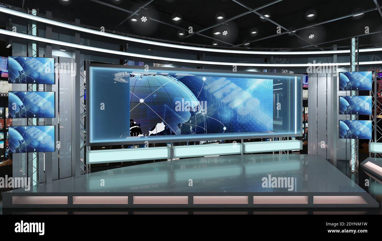 Virtual TV Studio News Set 1. Renderizado en 3d. Estudio virtual para secuencias de croma, donde quieras, con una configuración sencilla, unos metros cuadrados de spa Foto de stock