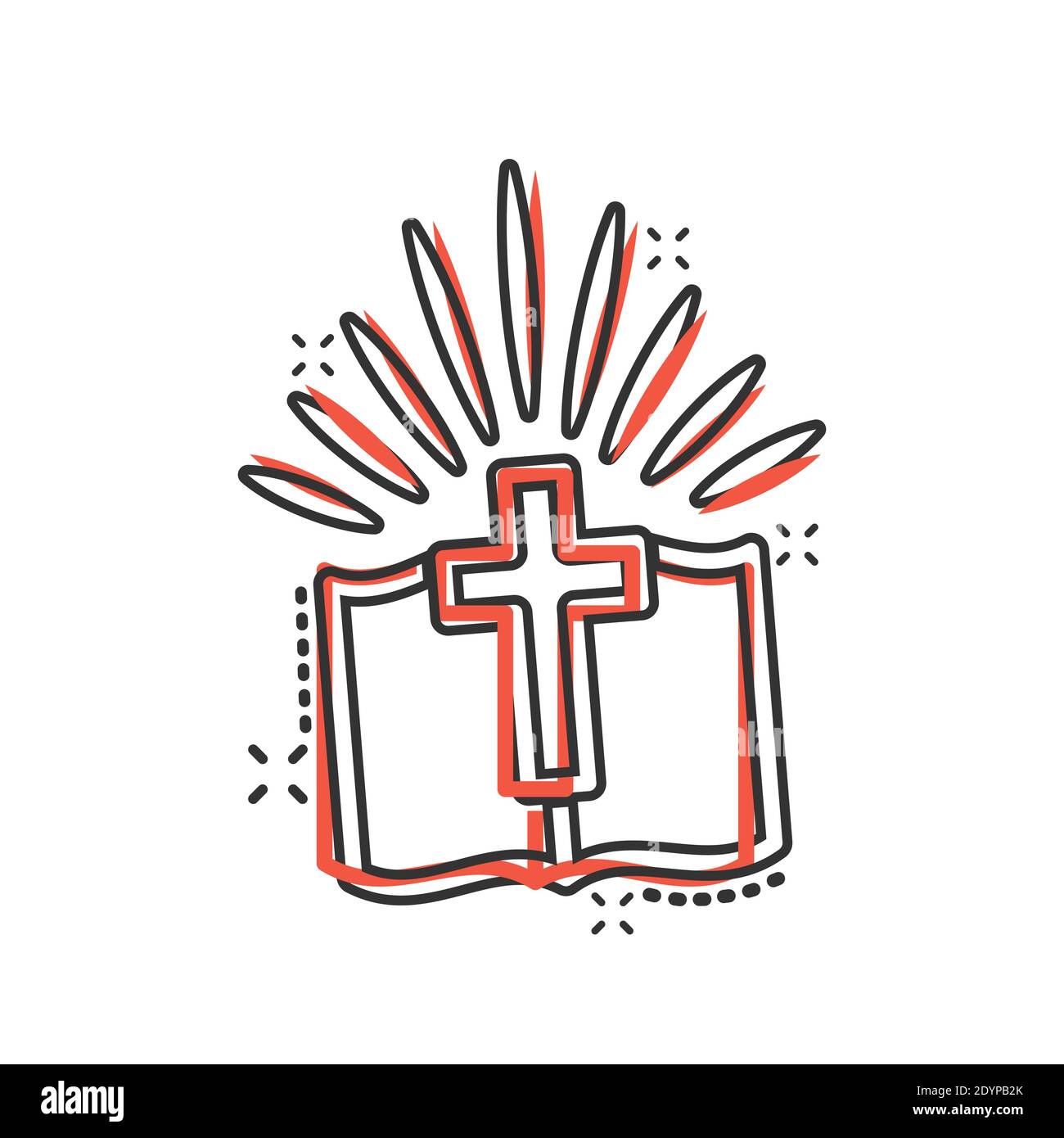 Icono del libro bíblico en estilo cómic. Ilustración vectorial de dibujos  animados de fe de iglesia sobre fondo blanco aislado. Espíritu Splash  efecto concepto de negocio Imagen Vector de stock - Alamy