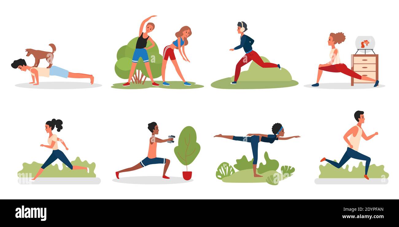 Personaje femenino participar en actividades deportivas hacer ejercicios  fitness entrenamiento correr saltar en la cuerda estilo de vida saludable  ocio dibujos animados plano vector ilustración aislado sobre fondo blanco