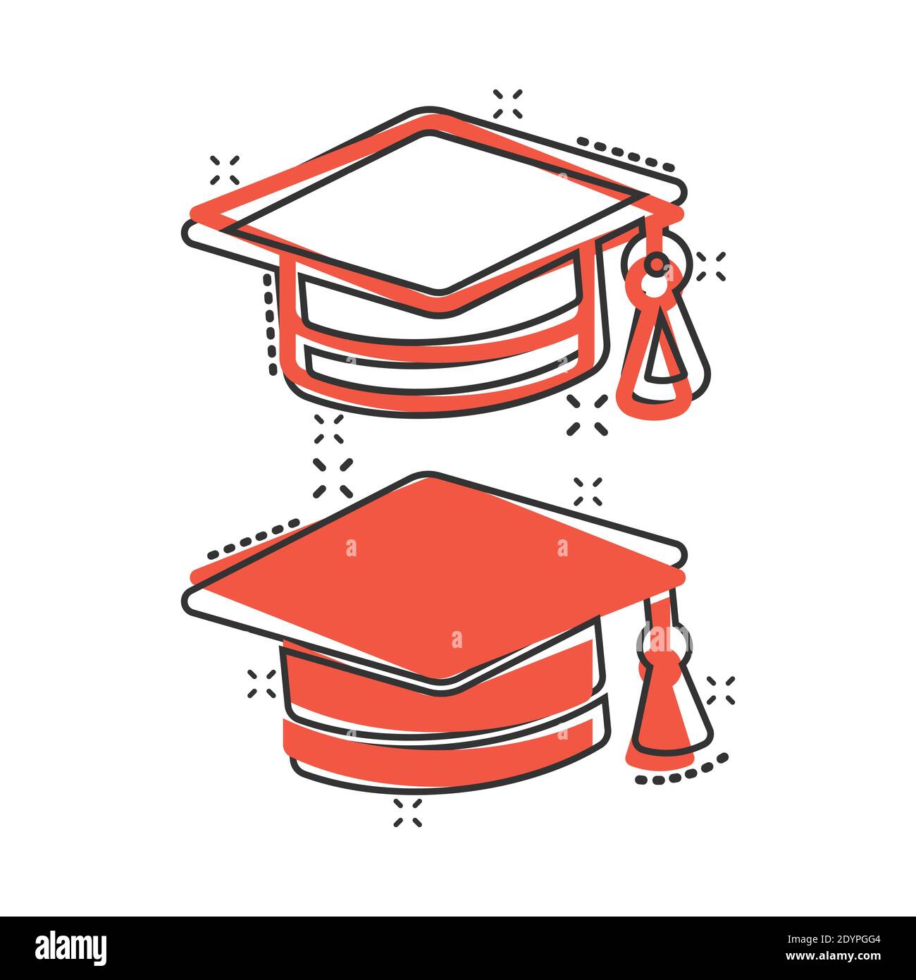 Icono de sombrero de graduación en estilo cómic. Ilustración vectorial de  dibujos animados de la gorra del estudiante sobre fondo blanco aislado.  Concepto de negocio de efecto splash universitario Imagen Vector de