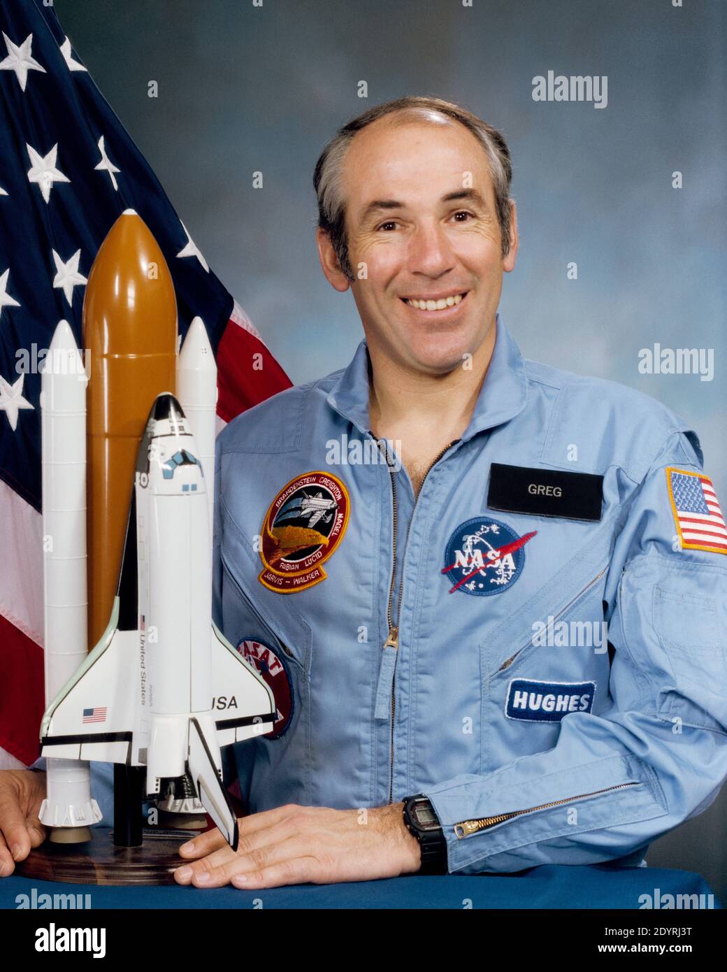 Gregory Bruce Jarvis (1944 – 28 de enero de 1986) Ingeniero estadounidense que murió durante la destrucción del Transbordador Espacial Challenger en la misión STS-51-L, donde sirvió como especialista en carga útil para aviones Hughes. Foto de stock
