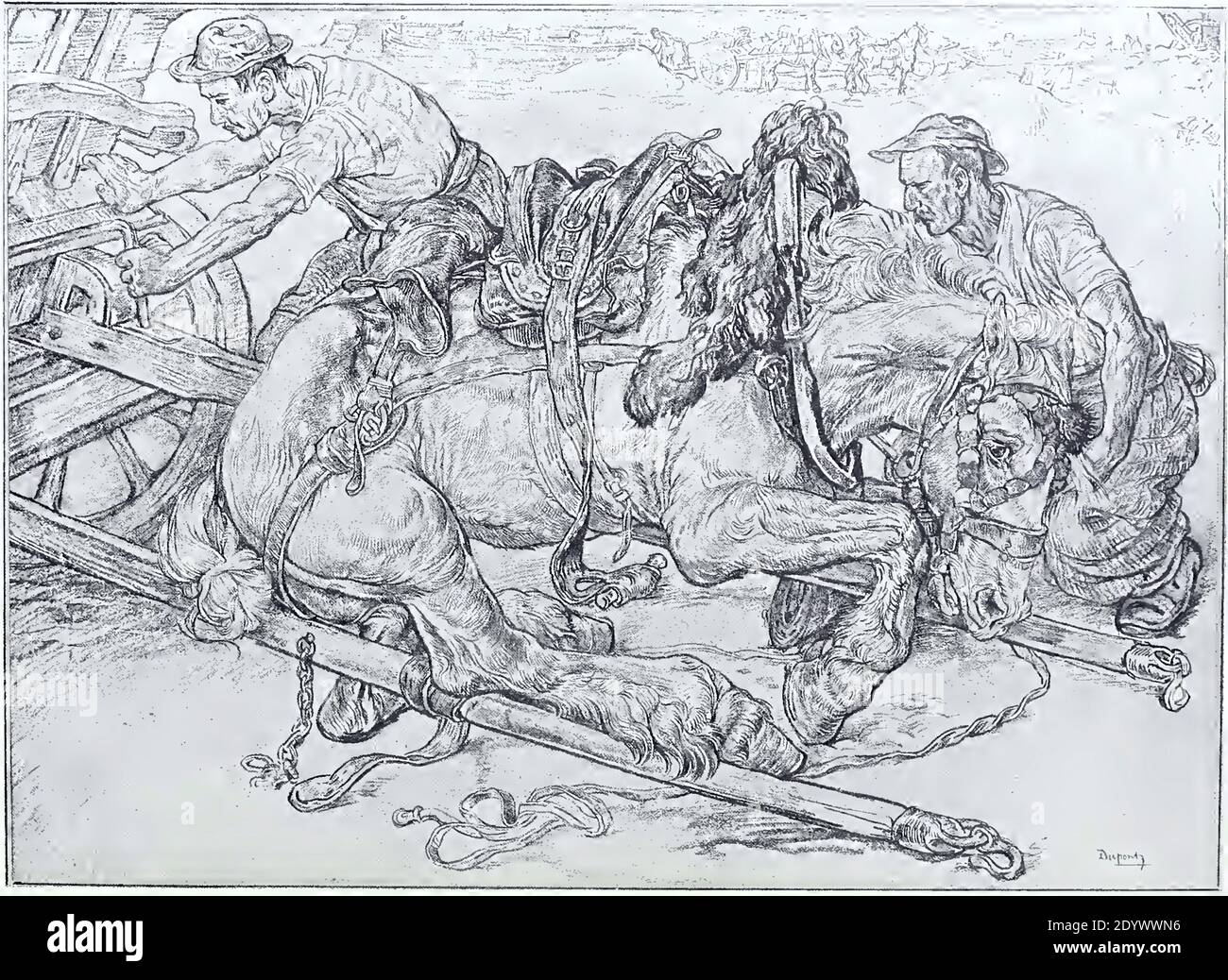 Estampado antiguo de época llamado el caballo caído por artista holandés Pieter Dupont Foto de stock
