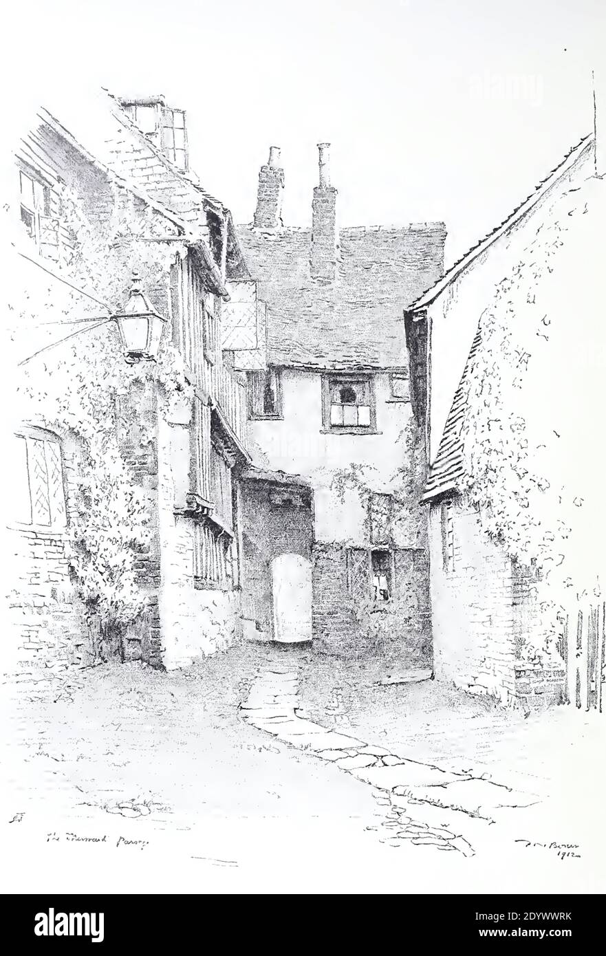 Antigua impresión vintage llamada el pasaje de la sirena en Rye, Sussex, Inglaterra ny Noel Boxer de bocetos de la vieja Rye. Foto de stock