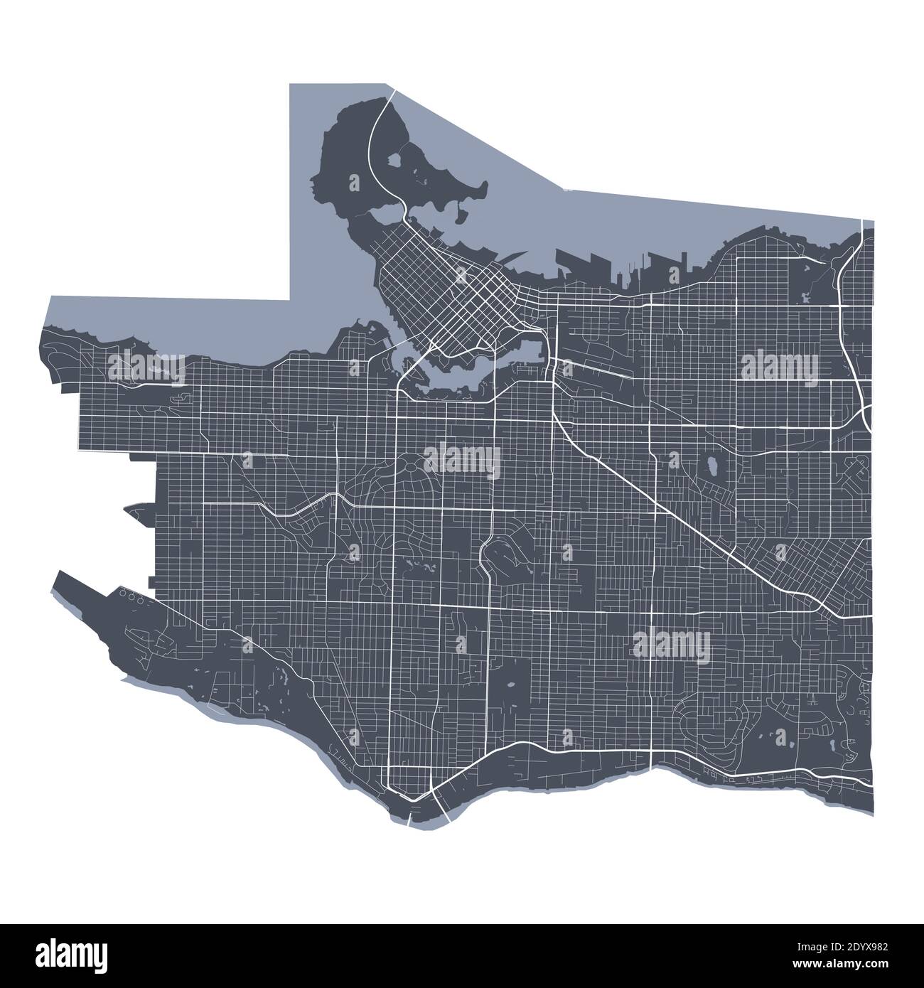 Mapa de Vancouver. Mapa vectorial detallado del área administrativa de la ciudad de Vancouver. Vista de la aria metropolitana del póster de paisaje urbano. Tierra oscura con calles blancas, carreteras Ilustración del Vector