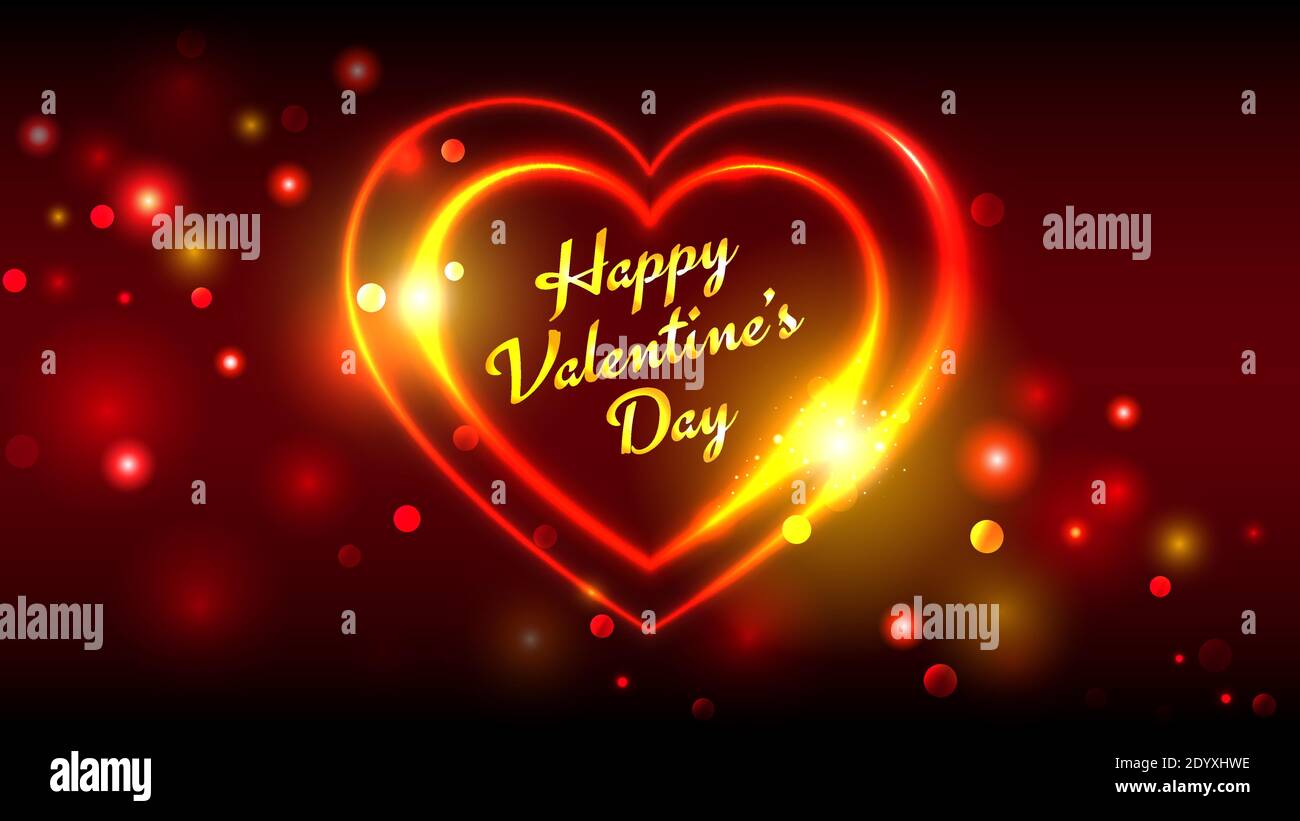 Tarjetas de felicitación vector día feliz de San Valentín, rojo brillante corazón dorado forma sobre fondo oscuro bokeh Ilustración del Vector