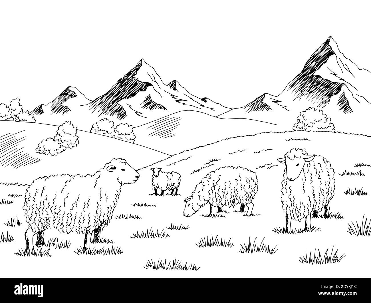 Ovejas alimentando hierba en un prado en las montañas gráfico vector de ilustración de croquis blanco negro Ilustración del Vector