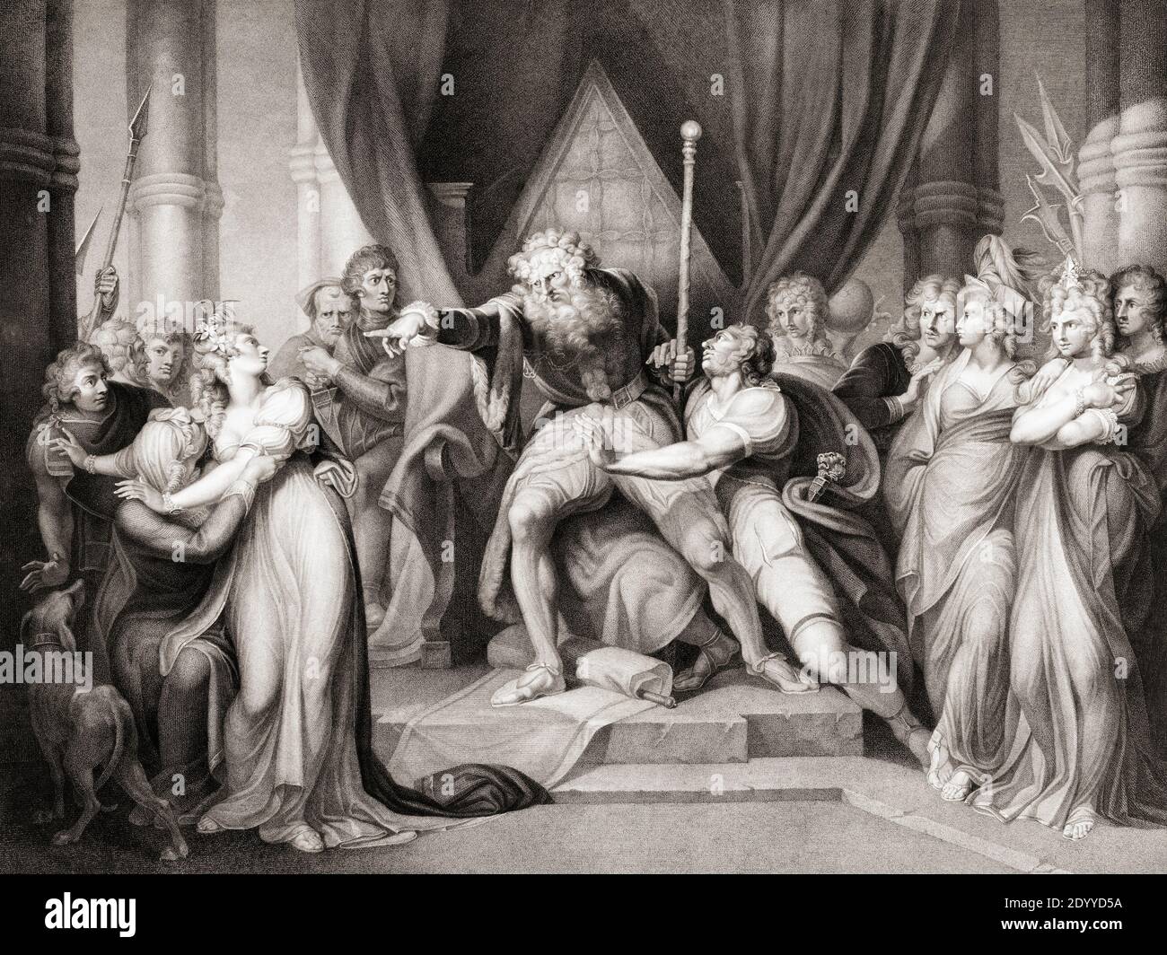 Ilustración de la obra de William Shakespeare King Lear, acto I, escena I. después de un grabado del siglo XVIII por Richard Earlom de una obra de Henry Fuseli. Foto de stock