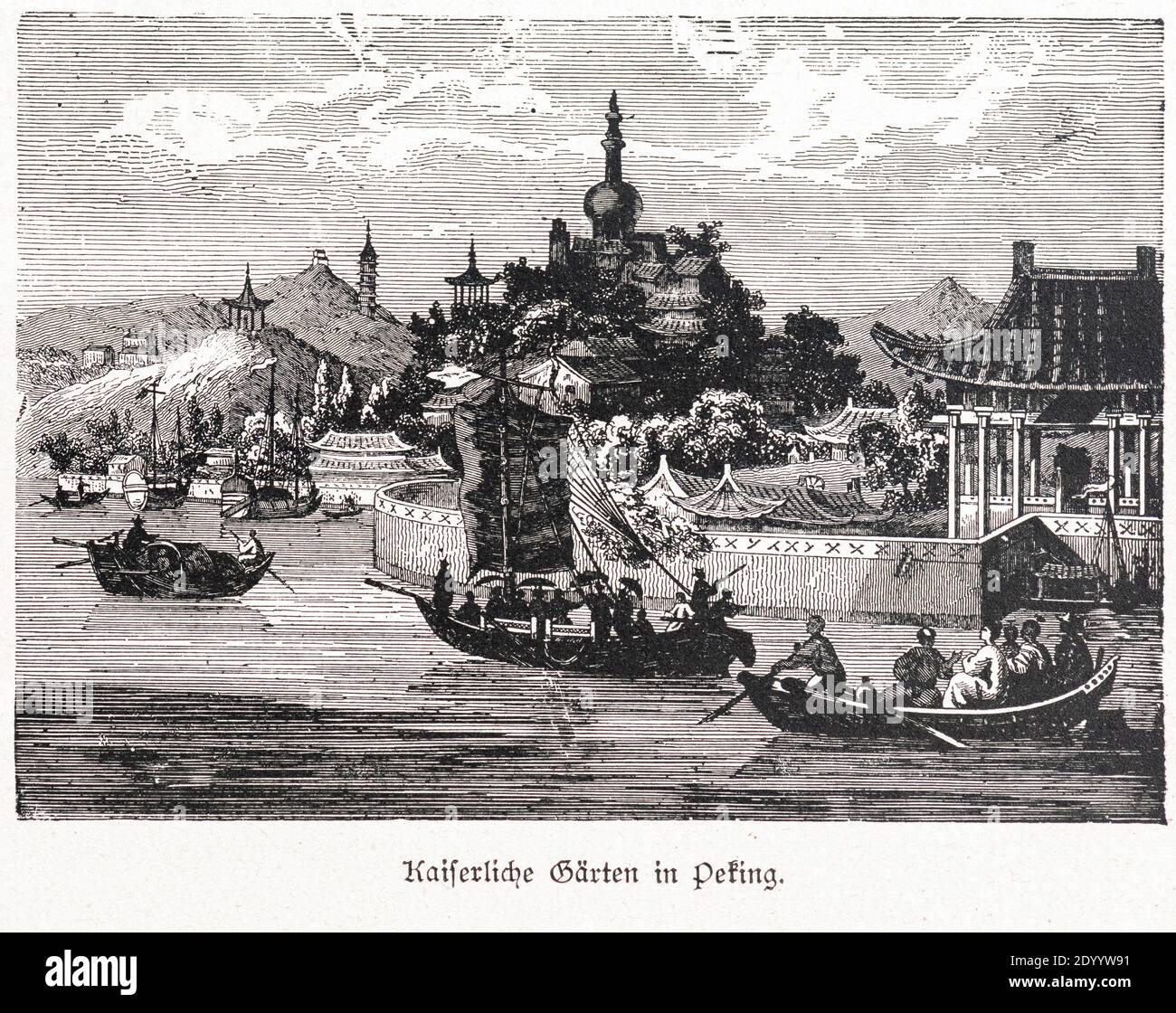 'Kaiserliche Gärten in Peking' o 'Jardines Emperial in Peking' con barcos y colinas, Ilustración de 'Die Haupstädte der Welt', Breslau alrededor de 1897 Foto de stock