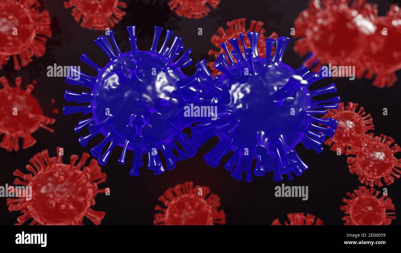 Proceso de mutación del coronavirus sobre fondo oscuro. ilustración en 3d de la generación de nuevos virus de primer plano. Imagen microscópica abstracta de mutado Foto de stock