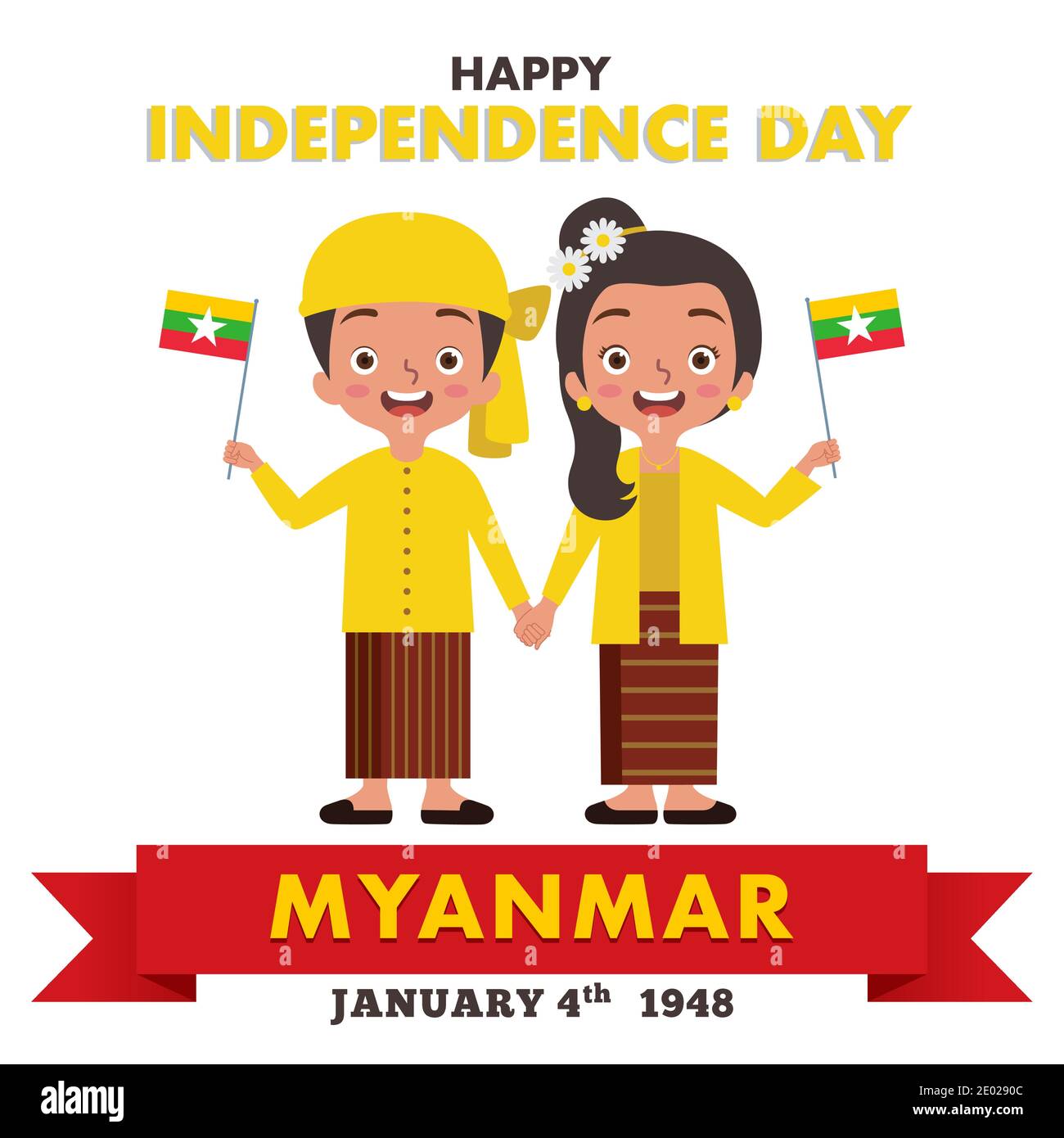 Un par de niños y niñas de Myanmar están celebrando Myanmar Día de la  Independencia mientras llevan ropa tradicional de Myanmar y.. Manteniendo  la flan de Myanmar Imagen Vector de stock -