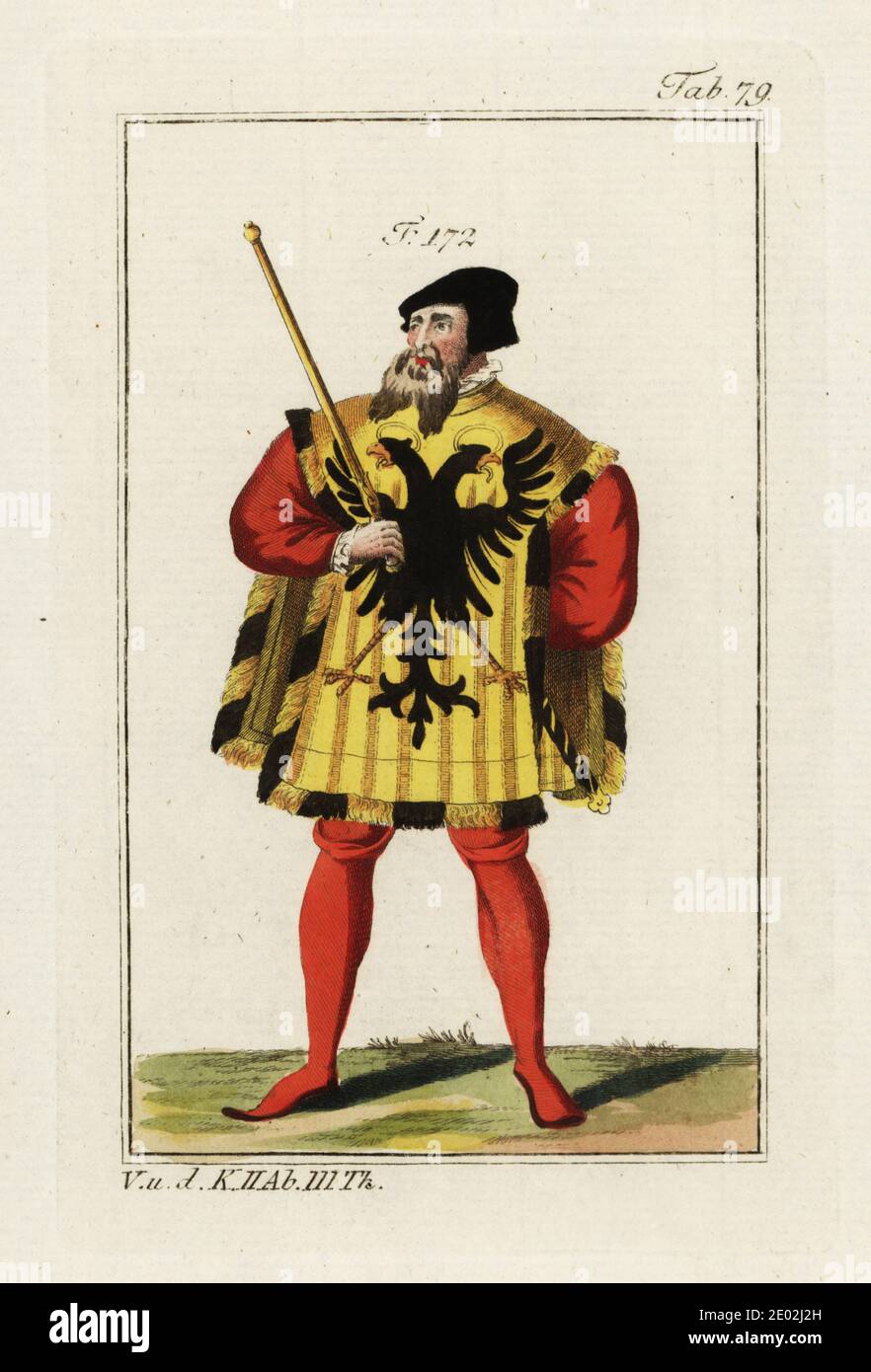 Un heraldo real o imperial en túnicas formales con tabard amarillo decorado  con águila negra de doble cabeza, camisa escarlata y manguera 172. Tiene  una maza de oro. Copiado de Wappenbelustigungen de