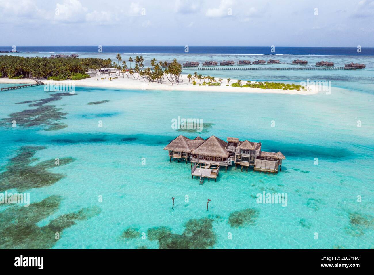 Vista aérea de Vacaciones isla Lankanfushi, North Male Atoll, Maldivas, Océano Índico Foto de stock
