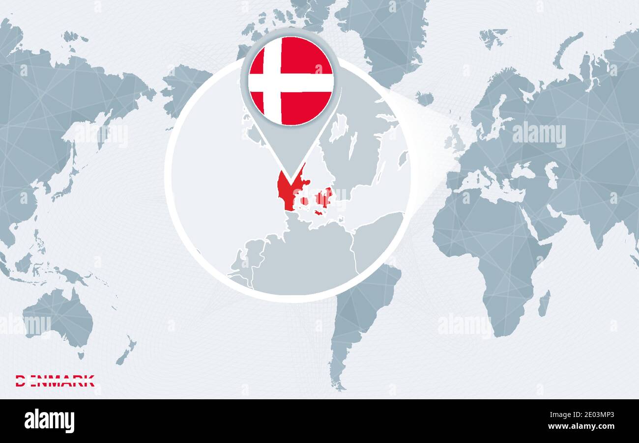 Mapa mundial centrado en América con Dinamarca ampliada. Bandera azul y mapa  de Dinamarca. Ilustración vectorial abstracta Imagen Vector de stock - Alamy