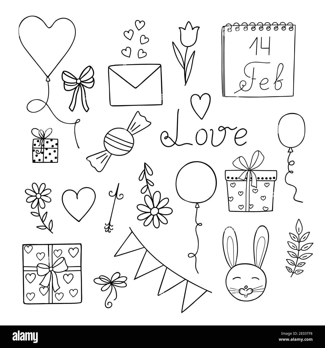 Bonito conjunto de amor elementos de diseño en el contorno dibujado a mano  estilo de fideos, imágenes simples para el amor y San Valentín decoración  de vacaciones, tarjetas de felicitación, banners, tela,