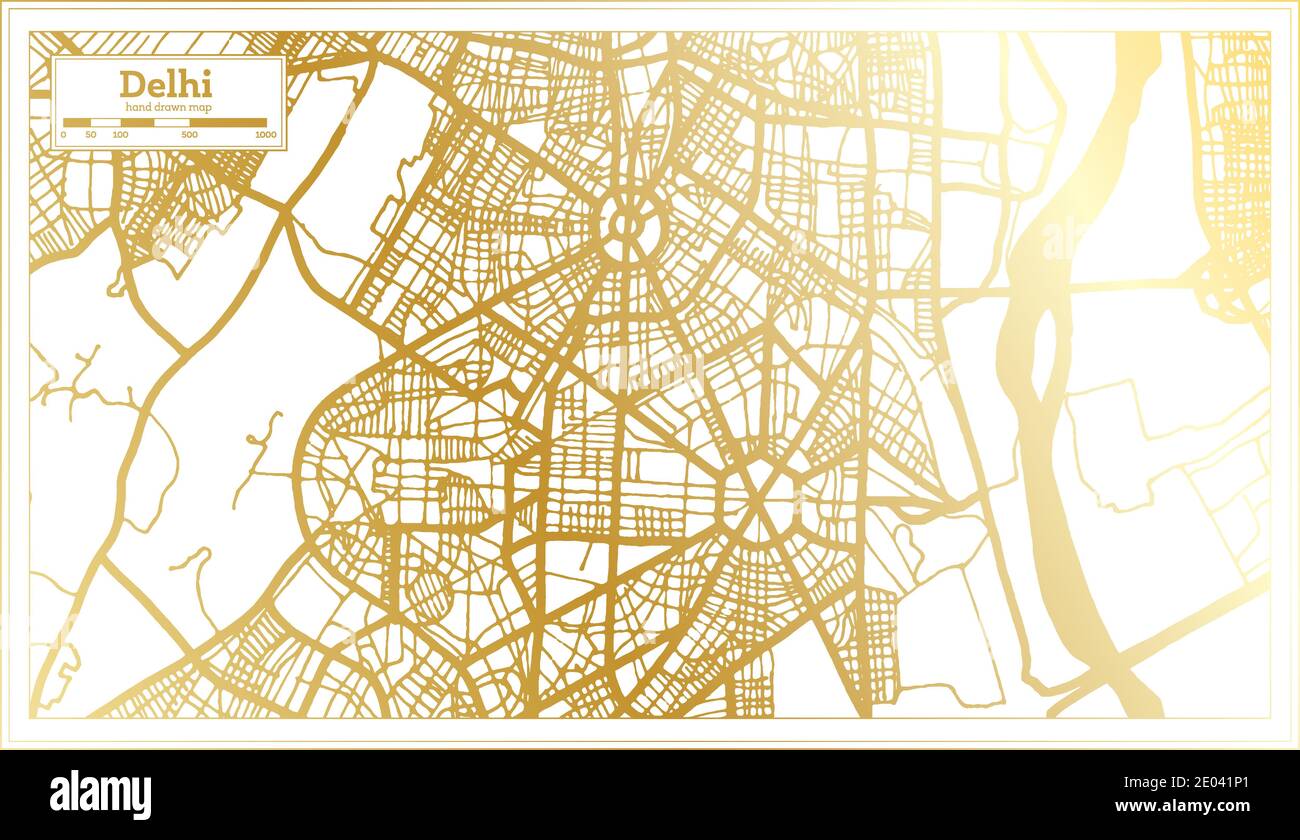 Delhi India Mapa de la ciudad en estilo retro en color dorado. Mapa de contorno. Ilustración vectorial. Ilustración del Vector