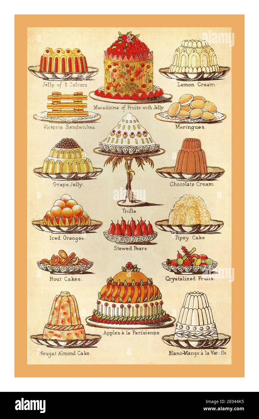 Vintage 1900's MRS BEETONS Puddings Postres ILUSTRACIÓN Litografía página en color De la Sra. Beetons Cookery Book que ilustra una gran variedad de fiestas Entretener postres ingleses victorianos de Puddings Foto de stock
