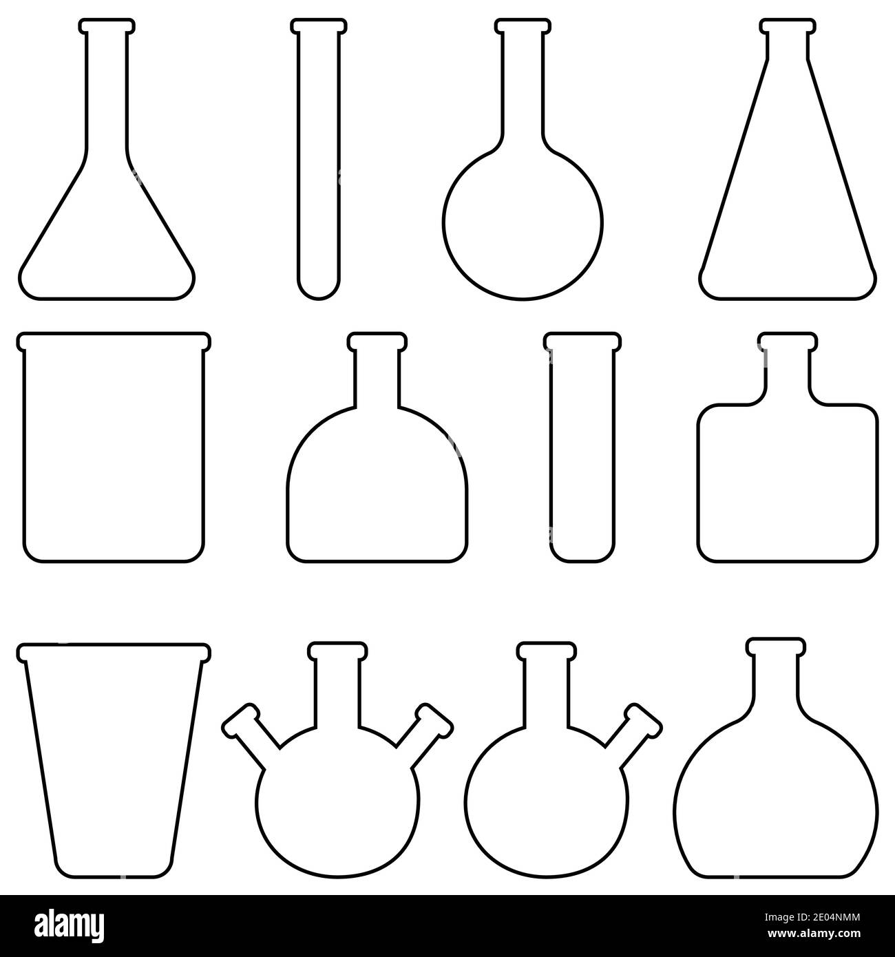 Set icons vidrio vajilla de laboratorio, matraces vectoriales y tubos de ensayo vajilla médica para investigación de laboratorio Ilustración del Vector