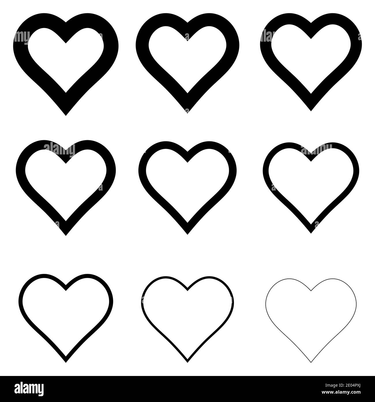 establecer iconos en forma de corazón, símbolo vectorial de amor y corazones románticos con trazo grueso contorno Ilustración del Vector
