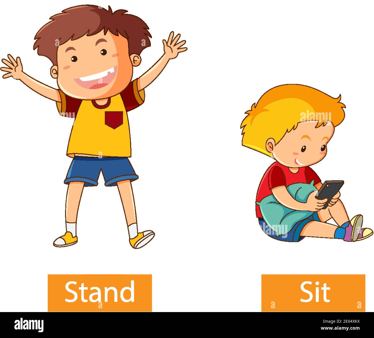Palabras verbales opuestas con ilustración de stand and sit Imagen