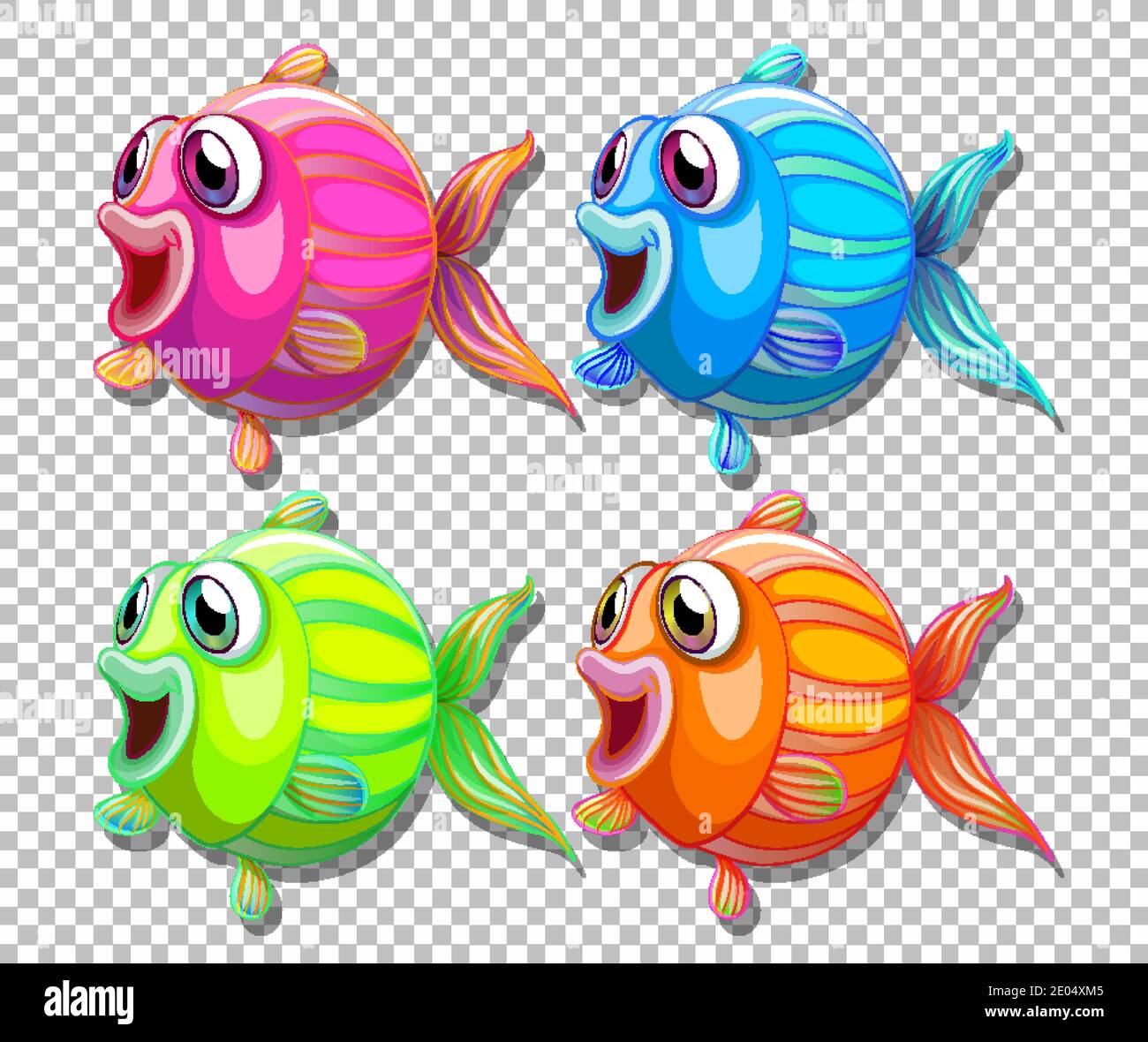 Conjunto de peces de diferentes colores con grandes ojos personaje de  dibujos animados en la ilustración de fondo transparente Imagen Vector de  stock - Alamy