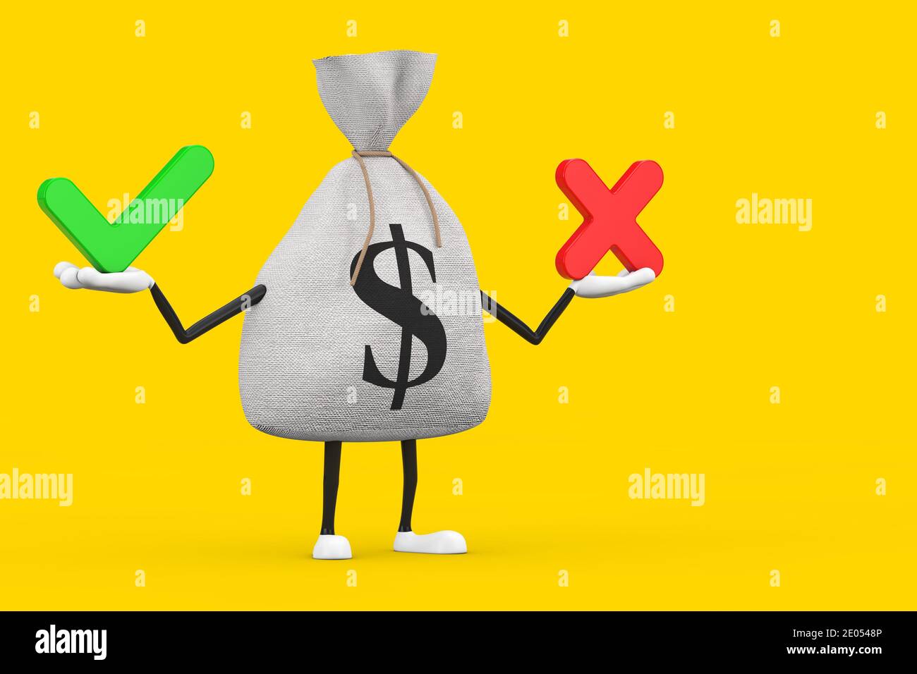 Atado ropa de lona rústica Saco de dinero o Bolsa de dinero y signo de  dólar mascota personaje con Cruz Roja y Marca de verificación verde,  confirmar o negar, Sí o no