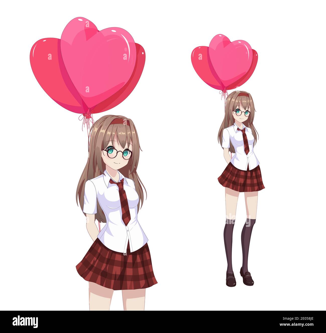 ANIME manga chica en una falda roja y blusa blanca están sosteniendo globos  en forma de corazón. Ilustración vectorial Imagen Vector de stock - Alamy
