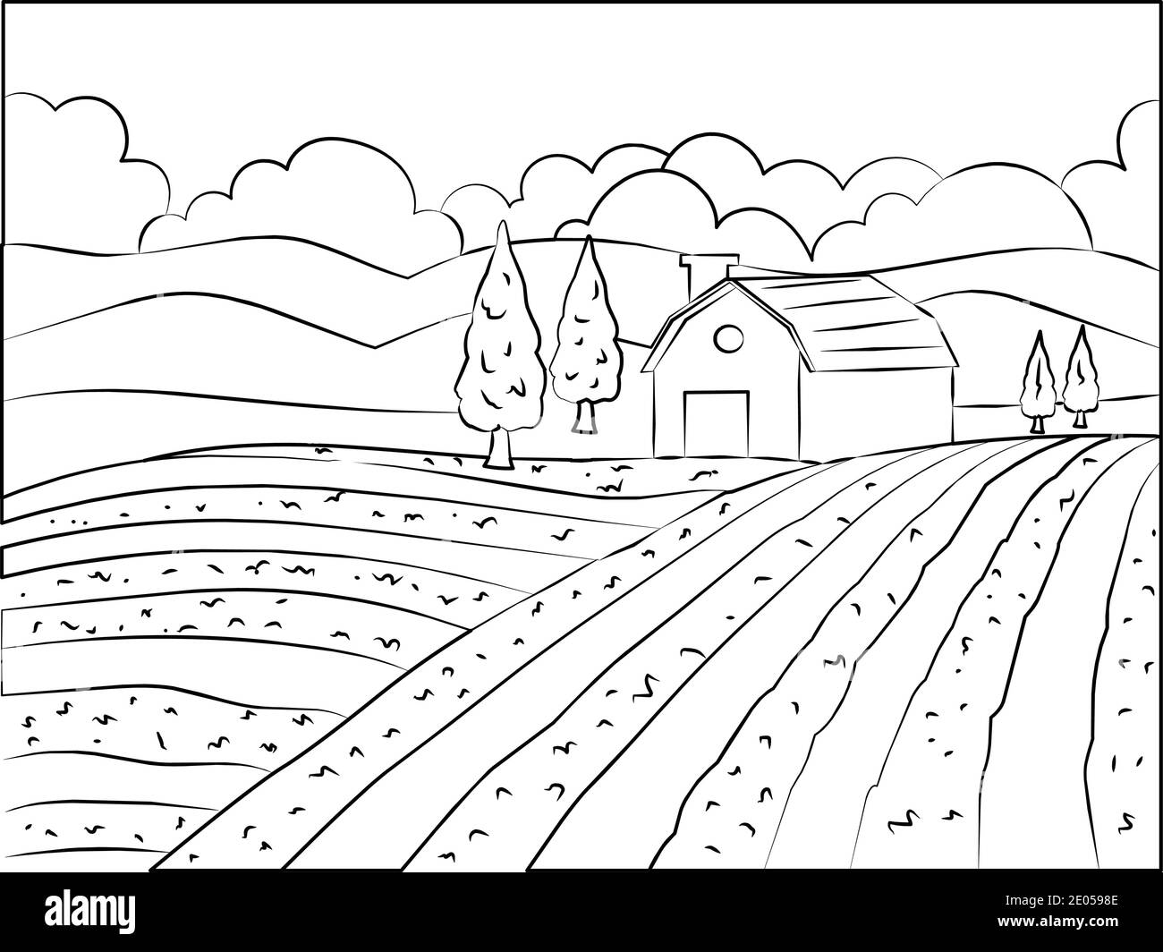 Dibujo a mano ilustración de paisaje natural. Granja agrícola y campo.  Imagen de contorno monocromo vectorial Imagen Vector de stock - Alamy