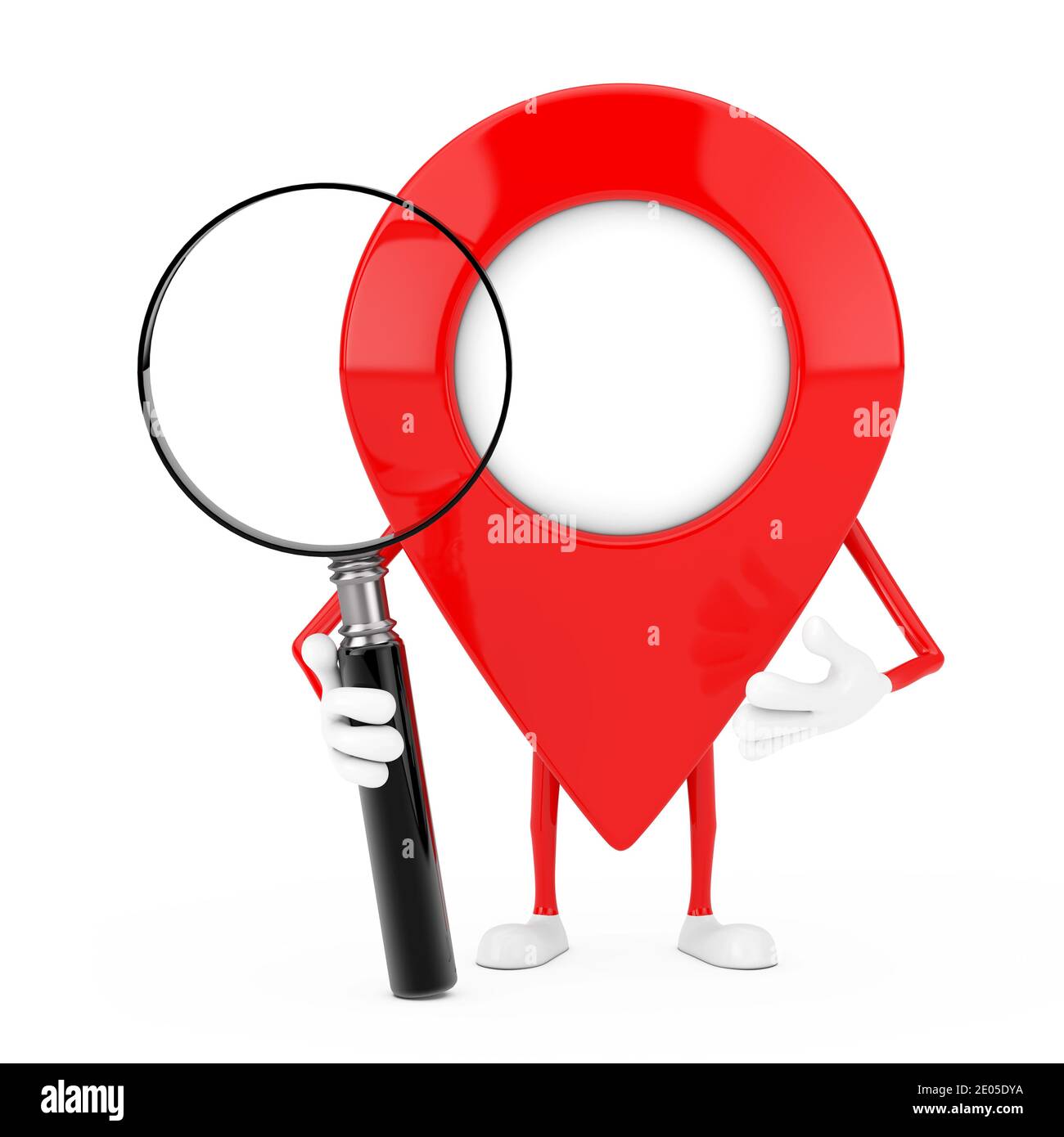 Puntero de mapa rojo personaje de alfiler mascota con lupa sobre fondo  blanco. Renderizado en 3d Fotografía de stock - Alamy
