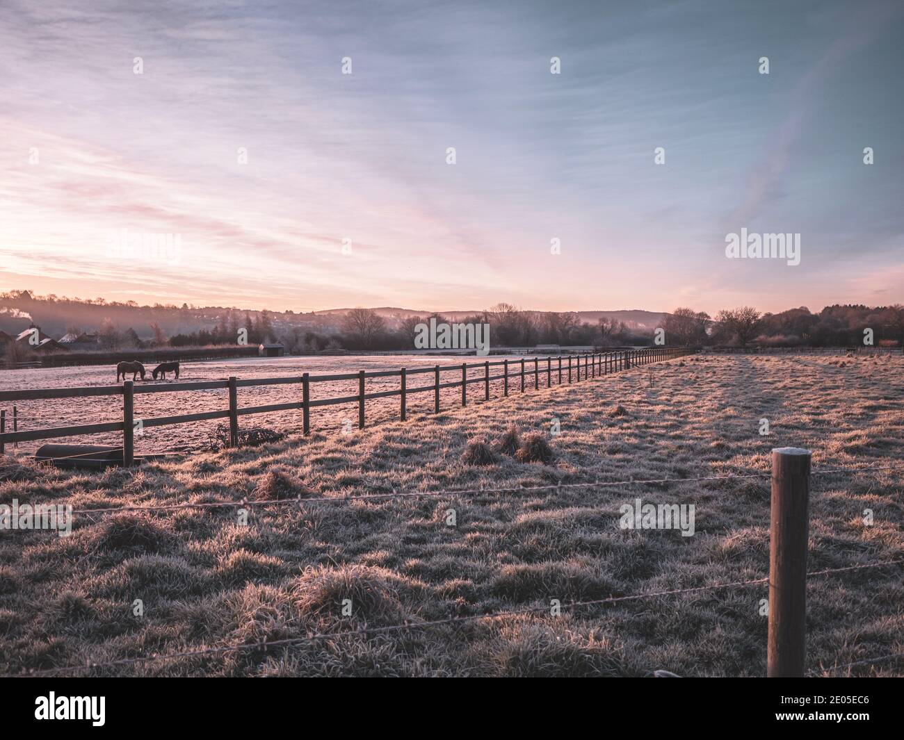 Un campo brumoso congelado al amanecer. Las capas de niebla se asientan sobre la planta baja a través de una vista clásica del campo británico al amanecer en invierno. Foto de stock