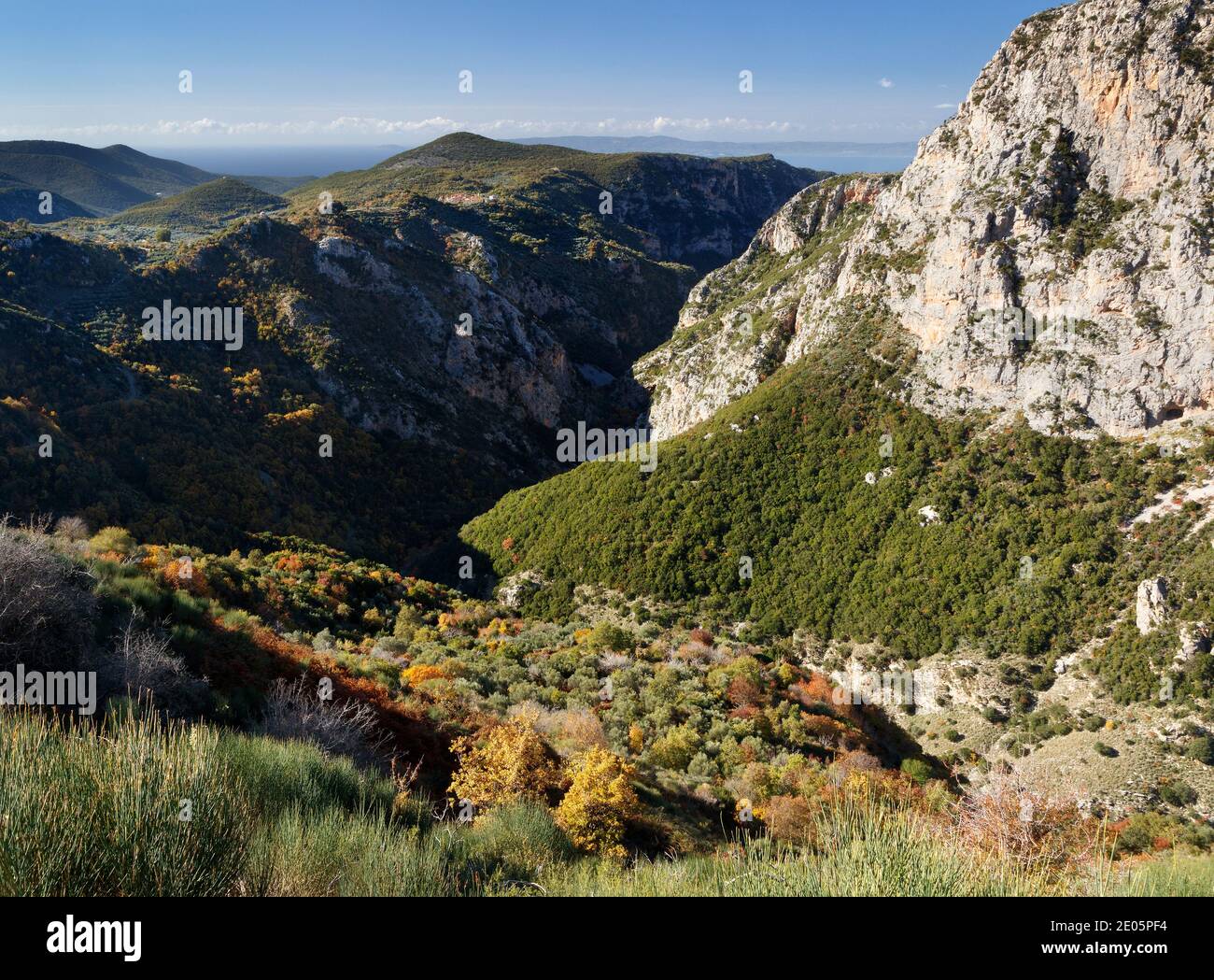 Vista a lo largo del desfiladero de Rindomo en el Peloponeso de Grecia Con el pueblo de Vorio al borde Foto de stock