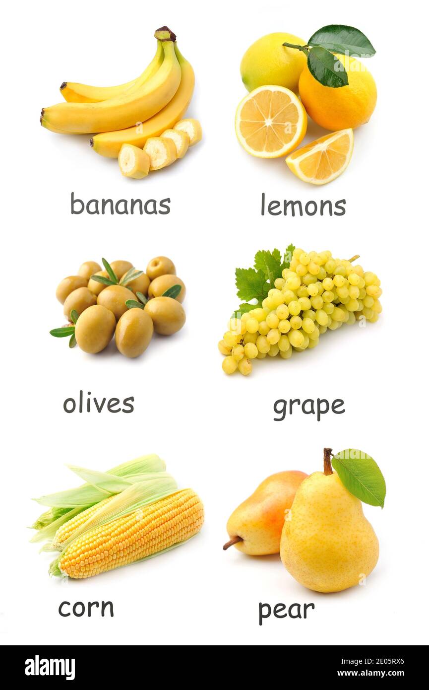 Collage de frutas y verduras amarillas aisladas sobre fondos blancos  Fotografía de stock - Alamy