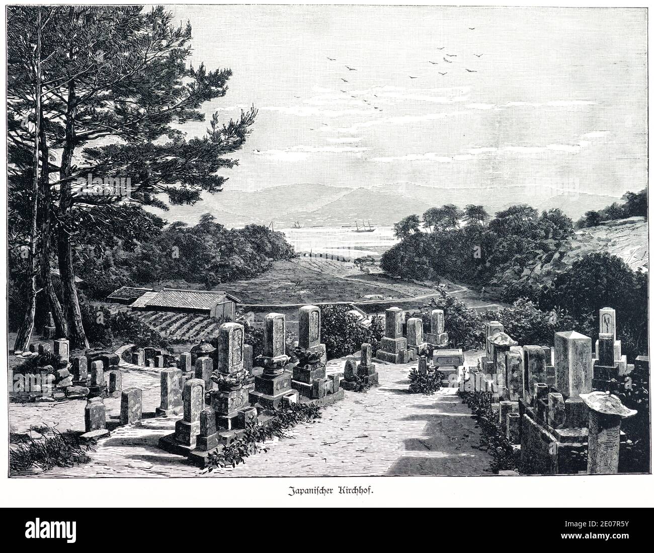 Un cementerio japonés, en una tierra rural montañosa en la costa, Tokio, Japón, Asia, ilustración de 'Haupstädte der Welt', Breslau 1987 Foto de stock