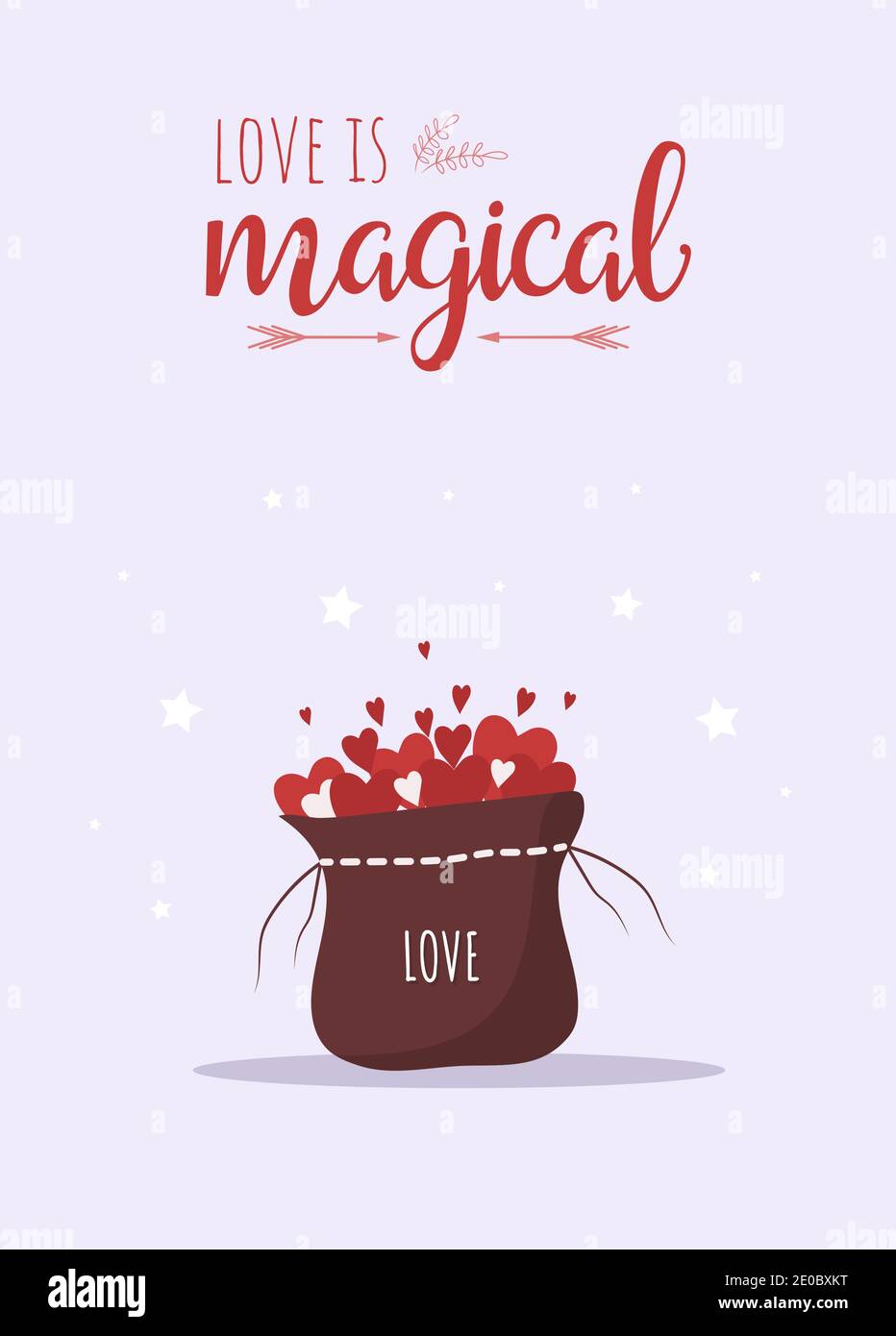 Tarjeta de San Valentín para el diseño conceptual. El amor es mágico.  Bonitos elementos festivos del 14 de febrero. Ilustración vectorial en  estilo de dibujos animados planos. Saludo Imagen Vector de stock -