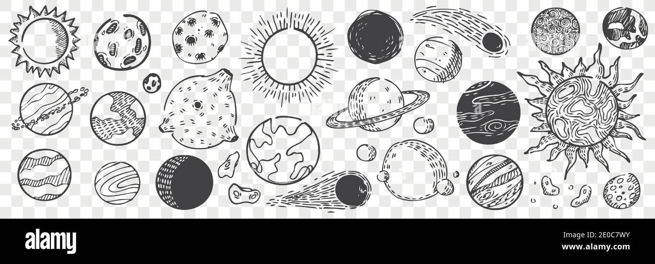 Juego de fideos de planetas dibujados a mano. Colección de dibujos de tiza  lápiz de Venus Mercurio Sol Tierra Neptuno Júpiter Saturno sobre fondo  transparente Imagen Vector de stock - Alamy