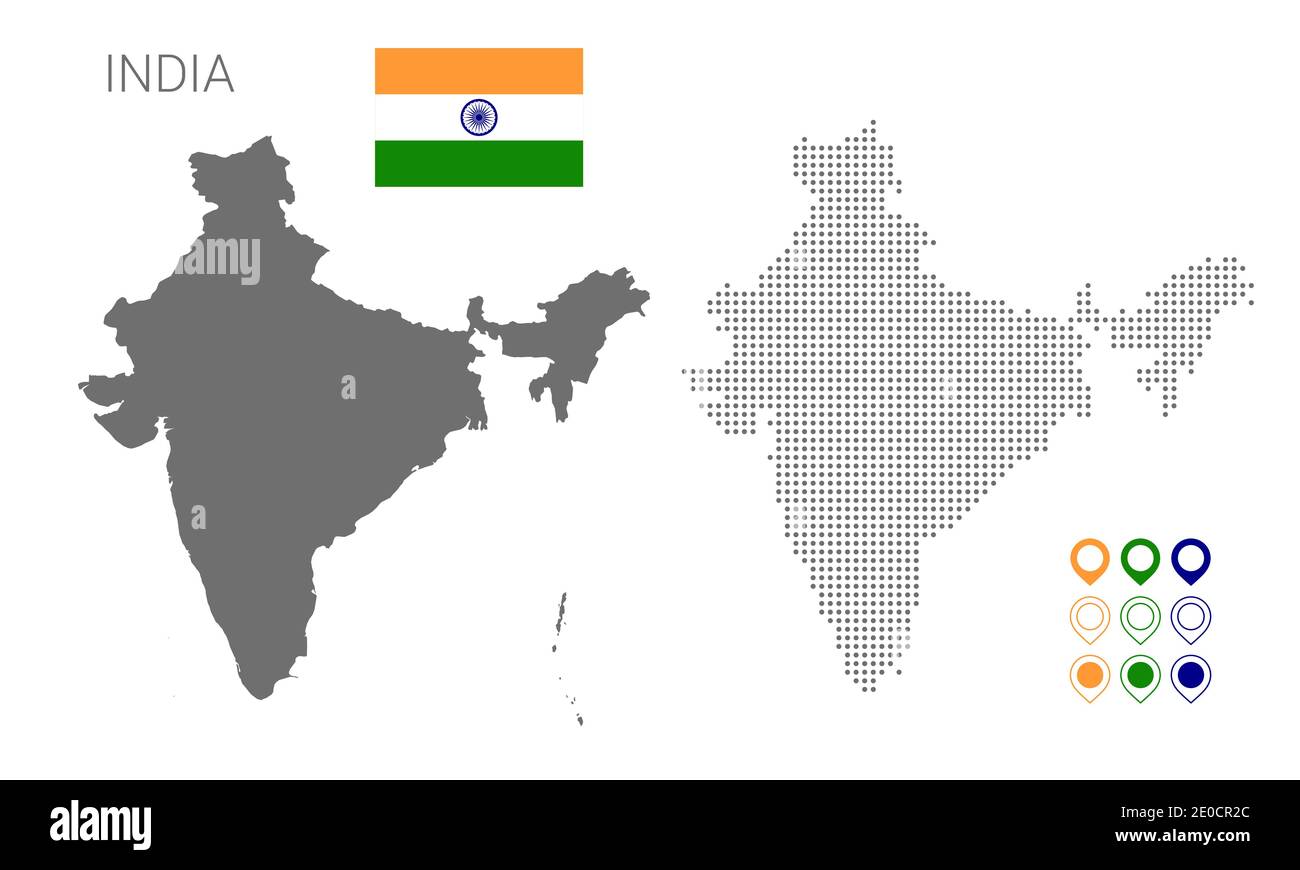 Mapa de la silueta de la India, mapa de la India punteado, Bandera de la India. Vector ilustración plana Ilustración del Vector
