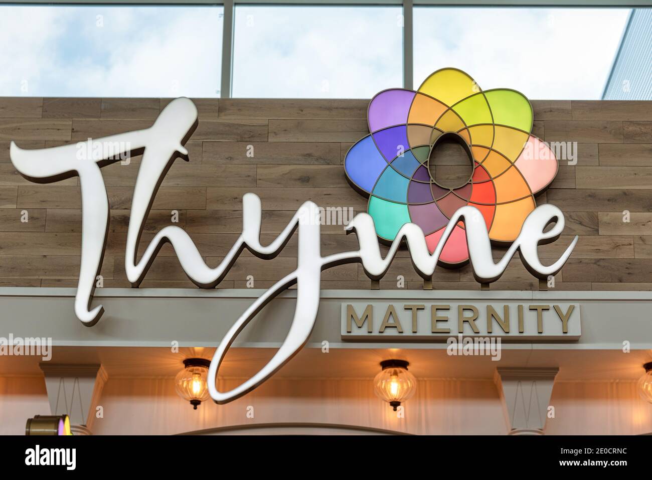 Cartel de la tienda de maternidad Thyme, Toronto, Canadá Foto de stock