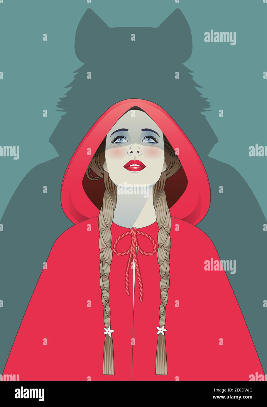 Hermosa Caperucita Roja, trenza el estilo del cabello, mirando hacia arriba  y la sombra del lobo en ella Imagen Vector de stock - Alamy