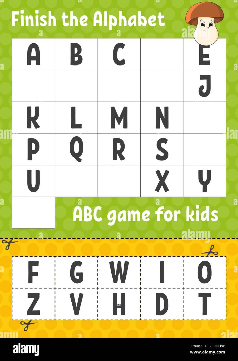Termine el alfabeto. ABC juego para niños. Cortar y pegar. Hoja de trabajo  de desarrollo de educación. Juego de aprendizaje para niños. Página de  actividad de color Imagen Vector de stock -