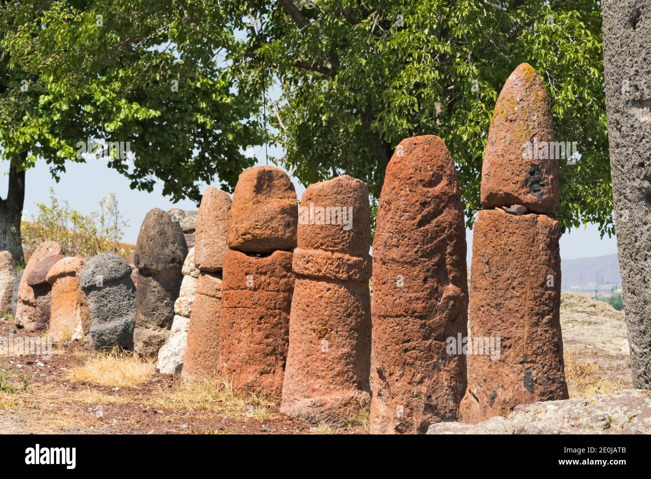 Falus de piedra en pie en las ruinas del sitio arqueológico de Metsamor, Taronik, provincia de Armavir, Armenia Foto de stock