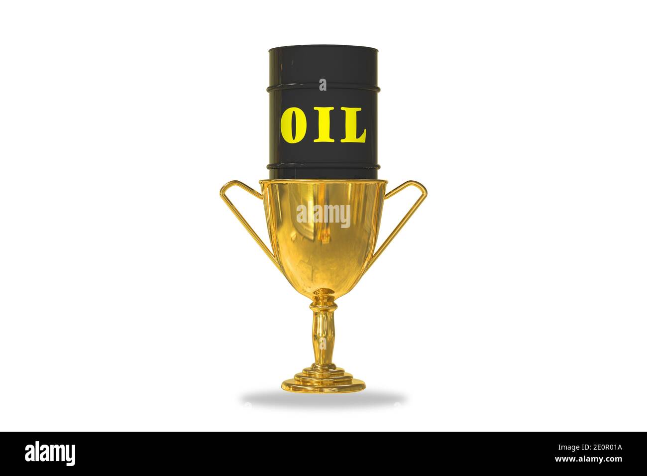 Copa de trofeo de oro aislada sobre fondo blanco con un barril de aceite de Metal Negro en el interior. Dinero fácil o precio creciente del petróleo o. ilustración 3d Foto de stock